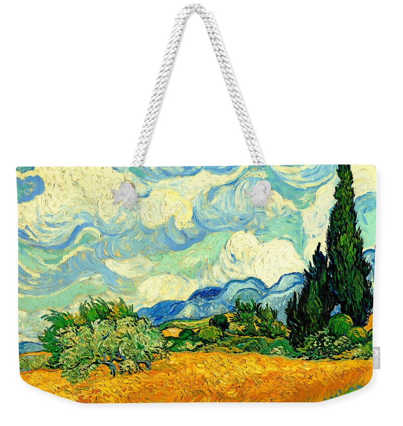 Wheat Field With Cypresses Weekender Tote Bag featuring the digital art Wheat Field with Cypresses by van Gogh - digital enhancement by Nicko Prints