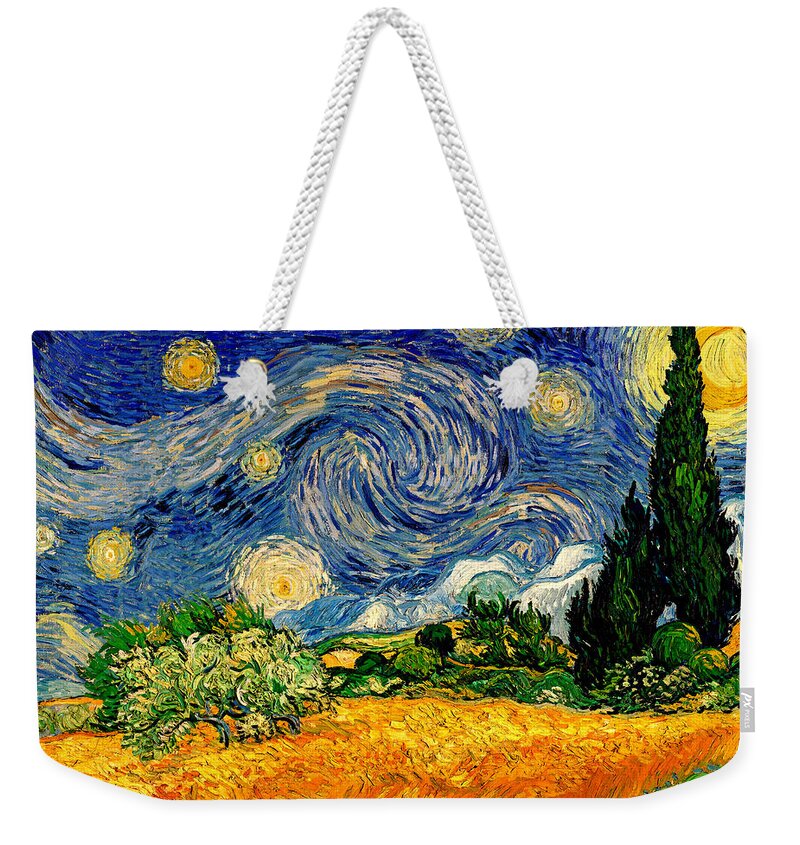 Wheat Field With Cypresses Weekender Tote Bag featuring the digital art Wheat Field with Cypresses under a Starry Night - warm colors digital recreation by Nicko Prints