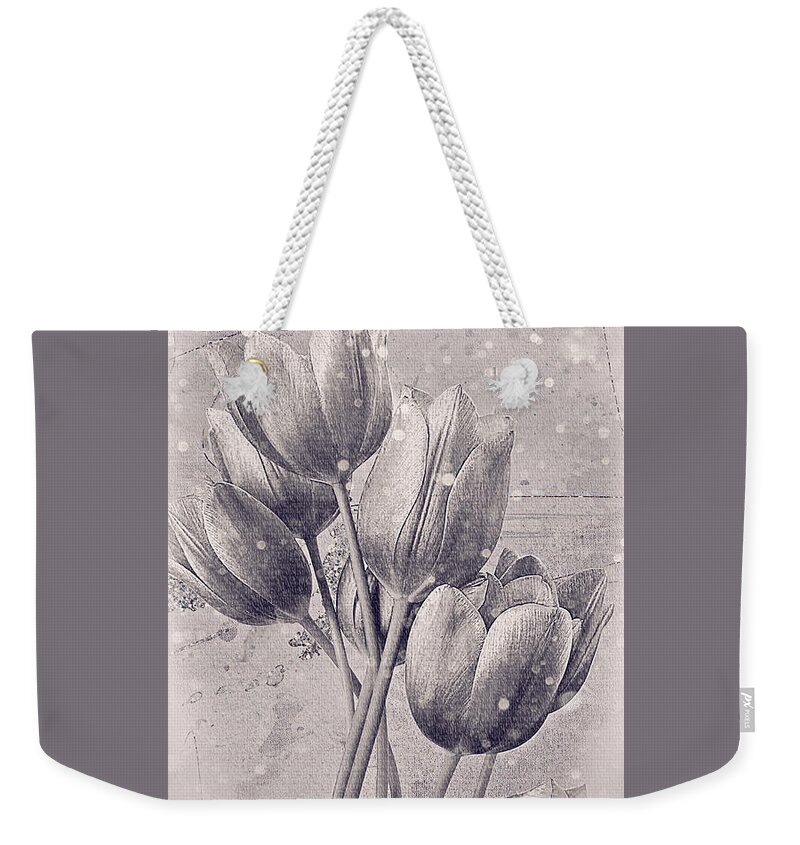 Tulips Weekender Tote Bag featuring the photograph When Snow Falls, Tulips Dream by Rene Crystal