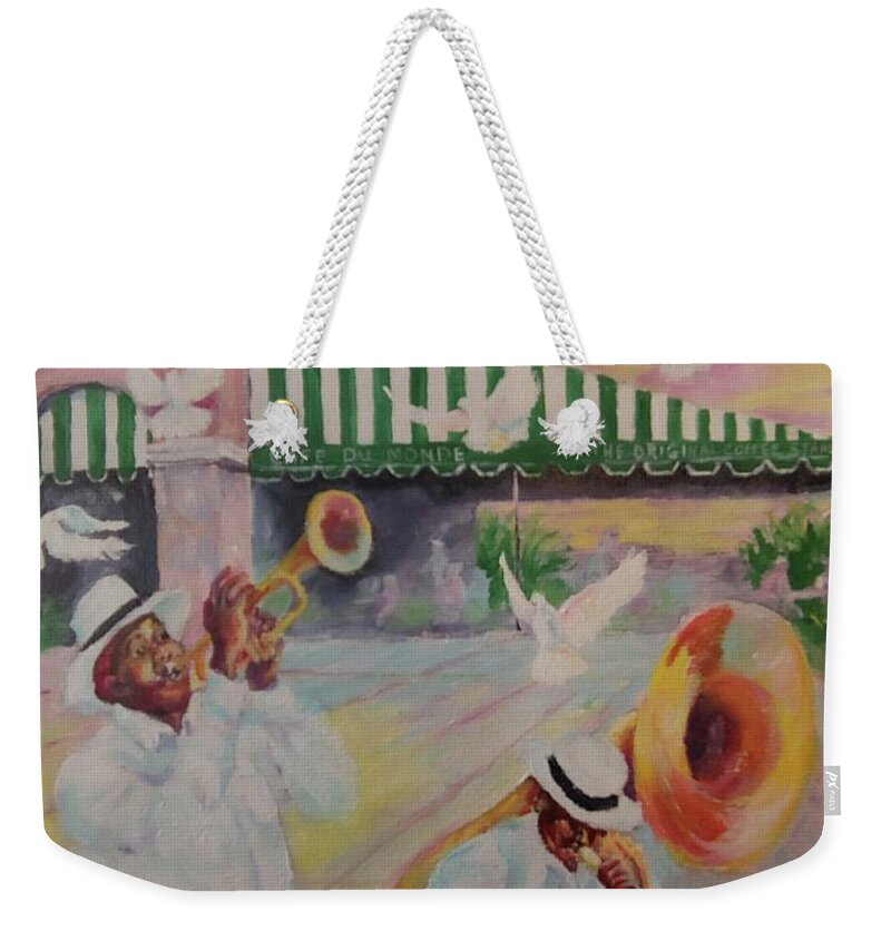 Mardi Gras Weekender Tote Bag featuring the painting When the Saints Go Marching In--Cafe Du Monde by ML McCormick