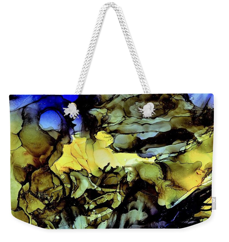 Blue Weekender Tote Bag featuring the painting When you bay at the moon by Angela Marinari