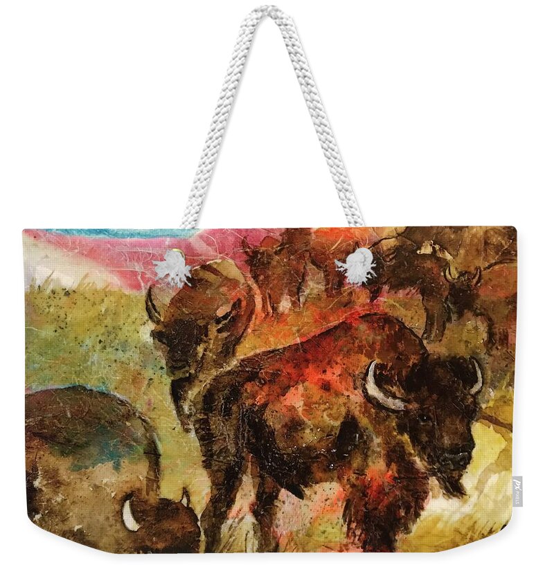 Buffalo Weekender Tote Bag featuring the painting Where Buffalo Roam by Elaine Elliott