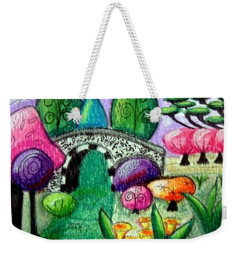Bridge Weekender Tote Bag featuring the painting Whimsical Bridge Landscape by Monica Resinger