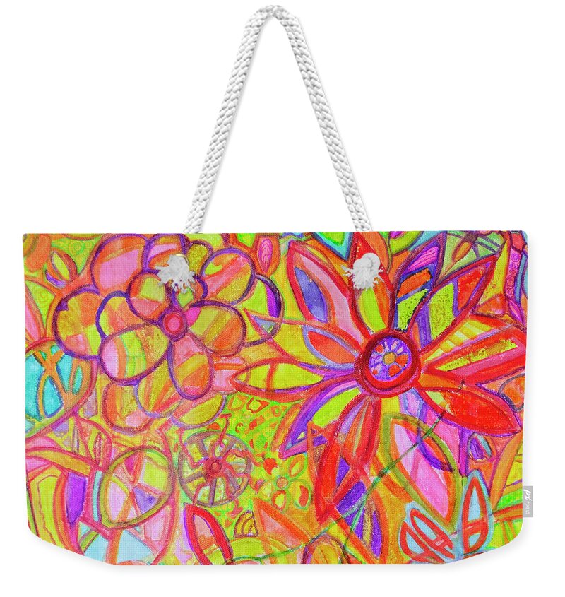 Abstract Nature Weekender Tote Bag featuring the digital art Whimsical Flower Garden in Bright Bold Colors by Patricia Awapara