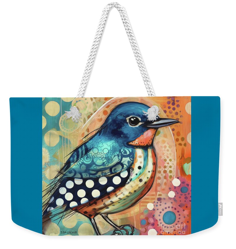 Bluebird Weekender Tote Bag featuring the painting Whimsical Spring Bluebird by Tina LeCour
