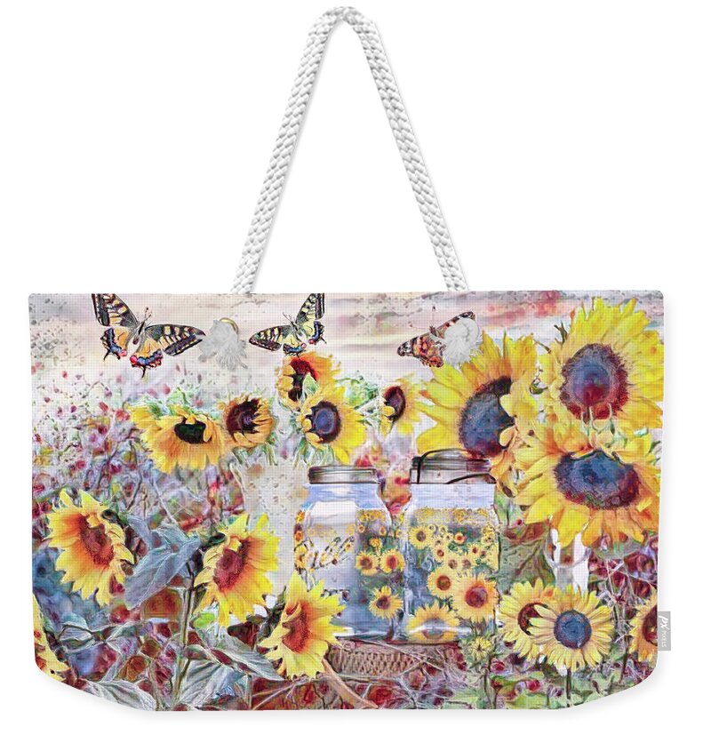 Spring Weekender Tote Bag featuring the digital art Whimsical Sunshine in a Jar by Debra and Dave Vanderlaan