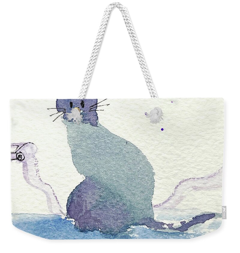 Whimsical Cat Weekender Tote Bag featuring the painting Whimsy Kitty 20 by Roxy Rich
