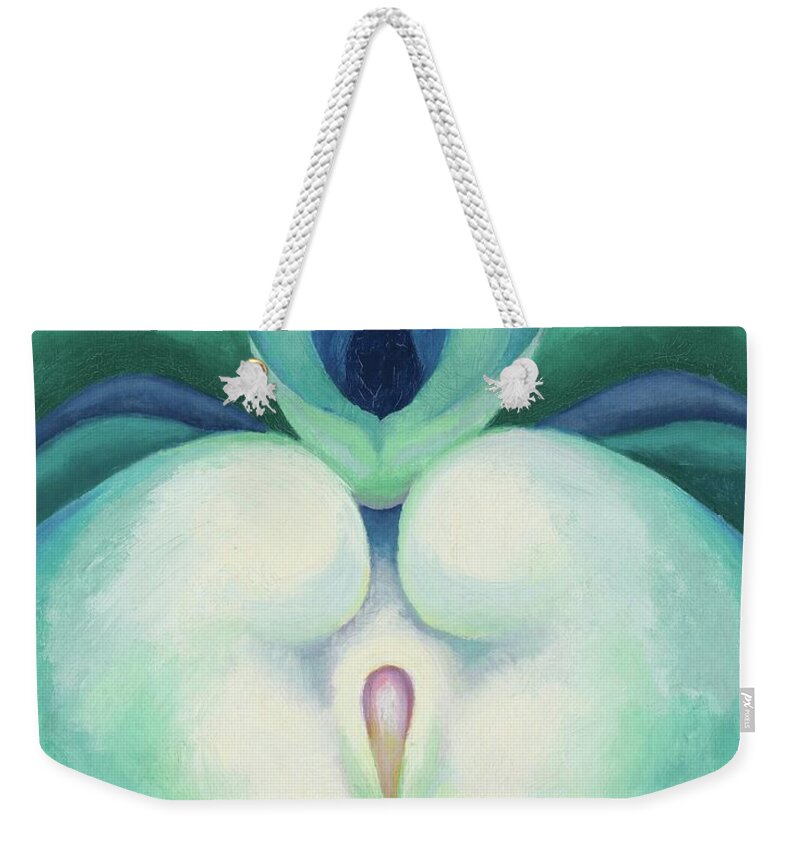 Georgia O'keeffe Weekender Tote Bag featuring the painting White and blue blower shapes - abstract modernist painting by Georgia O'Keeffe