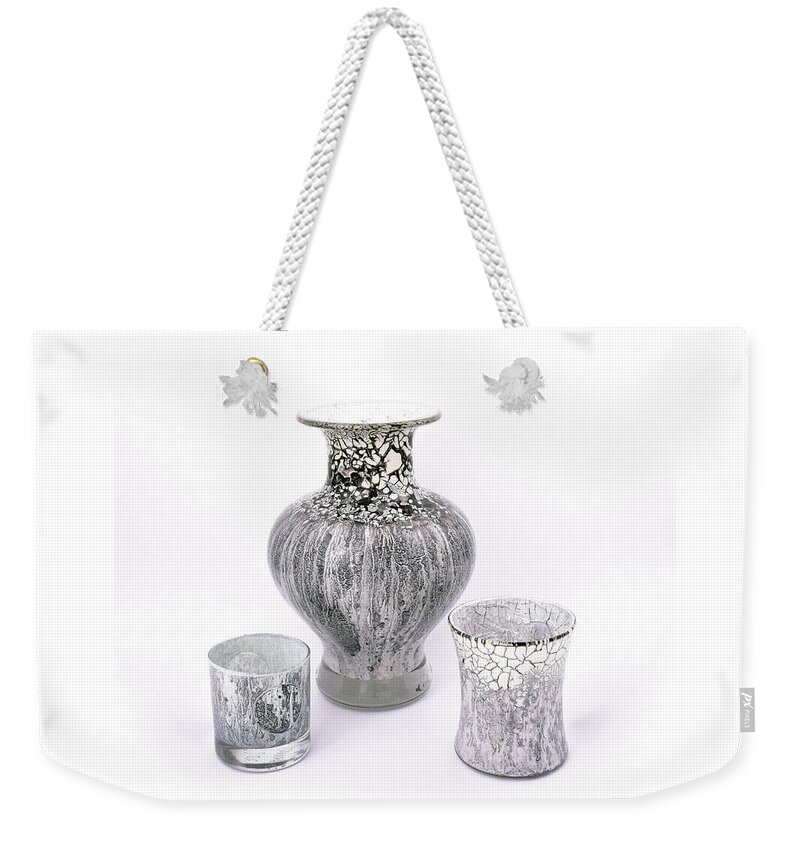 White Weekender Tote Bag featuring the glass art White and Gray Set of Three by Christopher Schranck