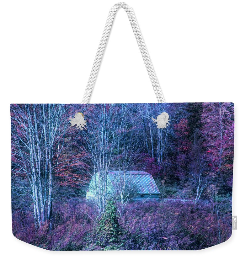 Barns Weekender Tote Bag featuring the photograph White Barn Farm Creeper Trail in Autumn Evening Fall Colors Dama by Debra and Dave Vanderlaan