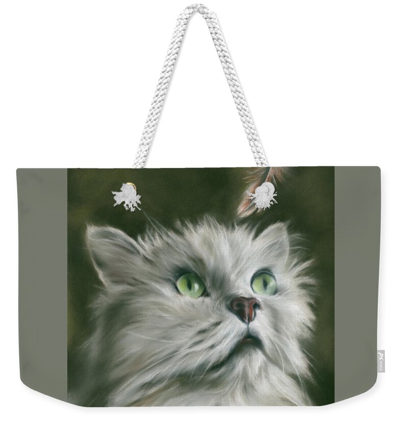 Cat Weekender Tote Bag featuring the painting White Cat with a Feather by MM Anderson