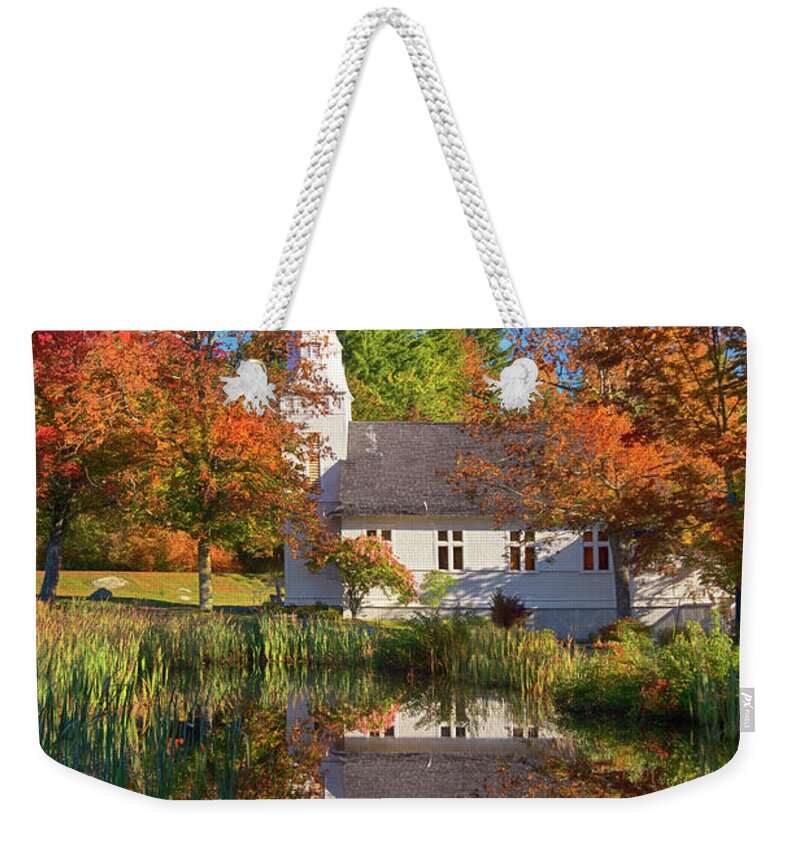 St Matthew's Chapel Weekender Tote Bag featuring the photograph White Chapel in Autumn - White Mountains, NH by Joann Vitali