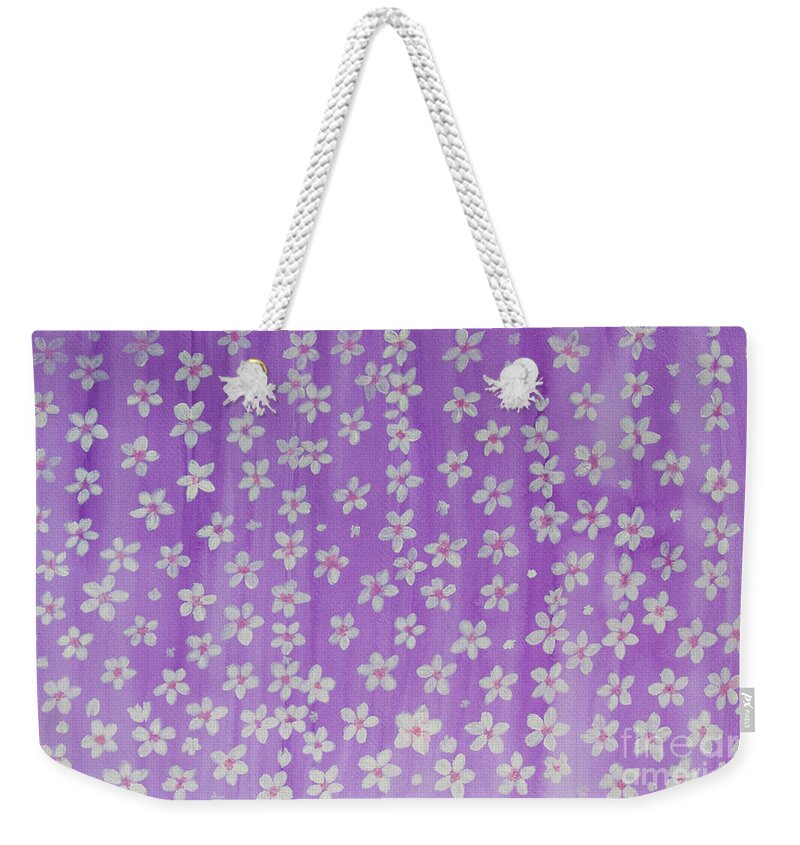 Flower Weekender Tote Bag featuring the painting White cherry flowers on purple background, illustration watercolor by Irina Afonskaya