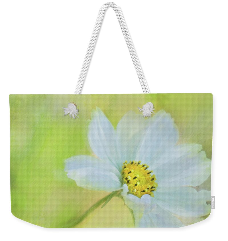 Cosmos Weekender Tote Bag featuring the mixed media White Cosmos Dreams I by Shari Warren