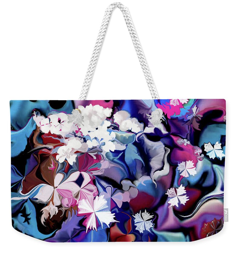 Digital Weekender Tote Bag featuring the digital art White Flowers and Blues by Loxi Sibley