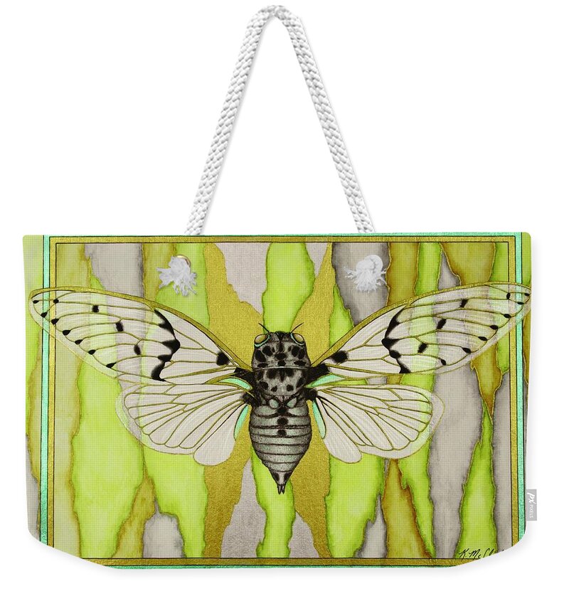 Kim Mcclinton Weekender Tote Bag featuring the mixed media White Ghost Cicada by Kim McClinton