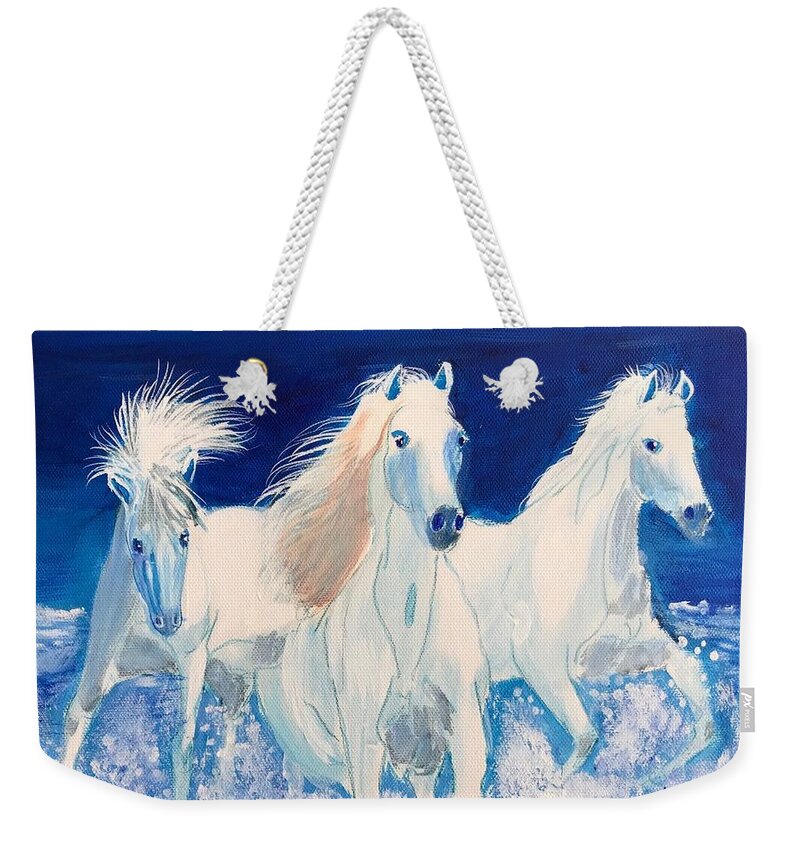 Pets Weekender Tote Bag featuring the painting White Horses on Beach by Kathie Camara