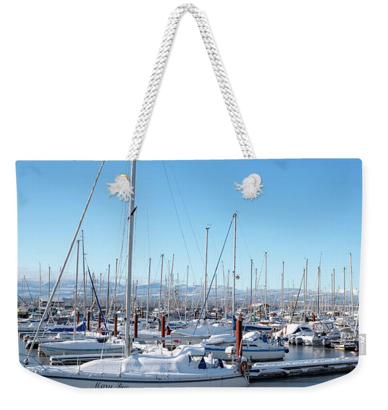 Marine Weekender Tote Bag featuring the photograph White marina by Canadart -