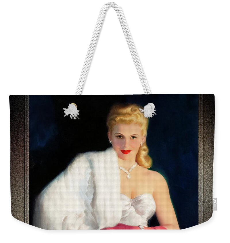 Blonde Weekender Tote Bag featuring the painting White Mink and Diamonds by Art Frahm Sophisticated Pin-Up Girl Vintage Artwork by Rolando Burbon