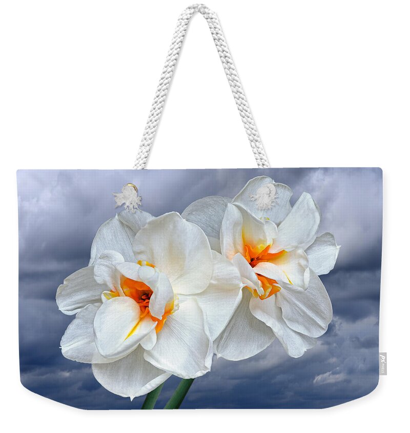 Daffodil Weekender Tote Bag featuring the photograph White Narcissus in Spring Storm by Gill Billington