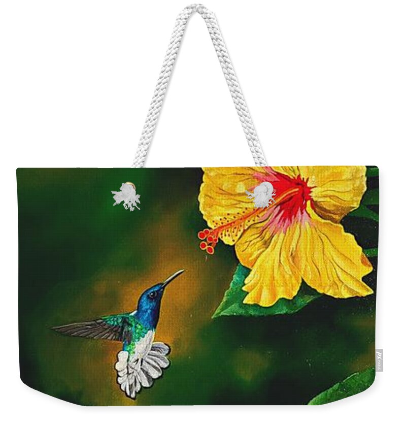 Birds Weekender Tote Bag featuring the painting White Necked Jacobin and Yellow Hibiscus by Dana Newman
