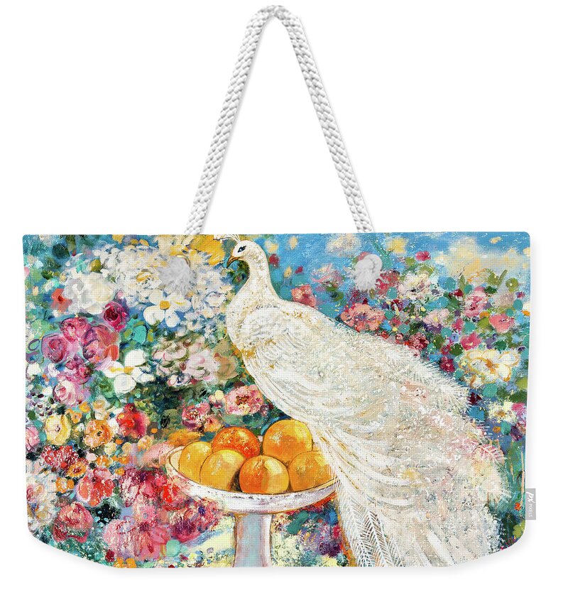 Peacock Weekender Tote Bag featuring the painting White Peacock by Shijun Munns