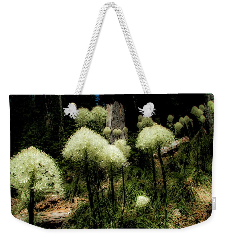 Nature Weekender Tote Bag featuring the photograph White Puffs of Bear Grass by Doug Scrima