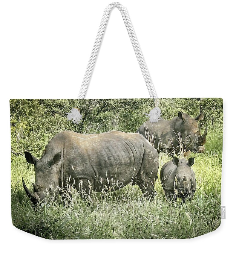 White Rhino Trio Weekender Tote Bag featuring the photograph White Rhino Trio by Rebecca Herranen