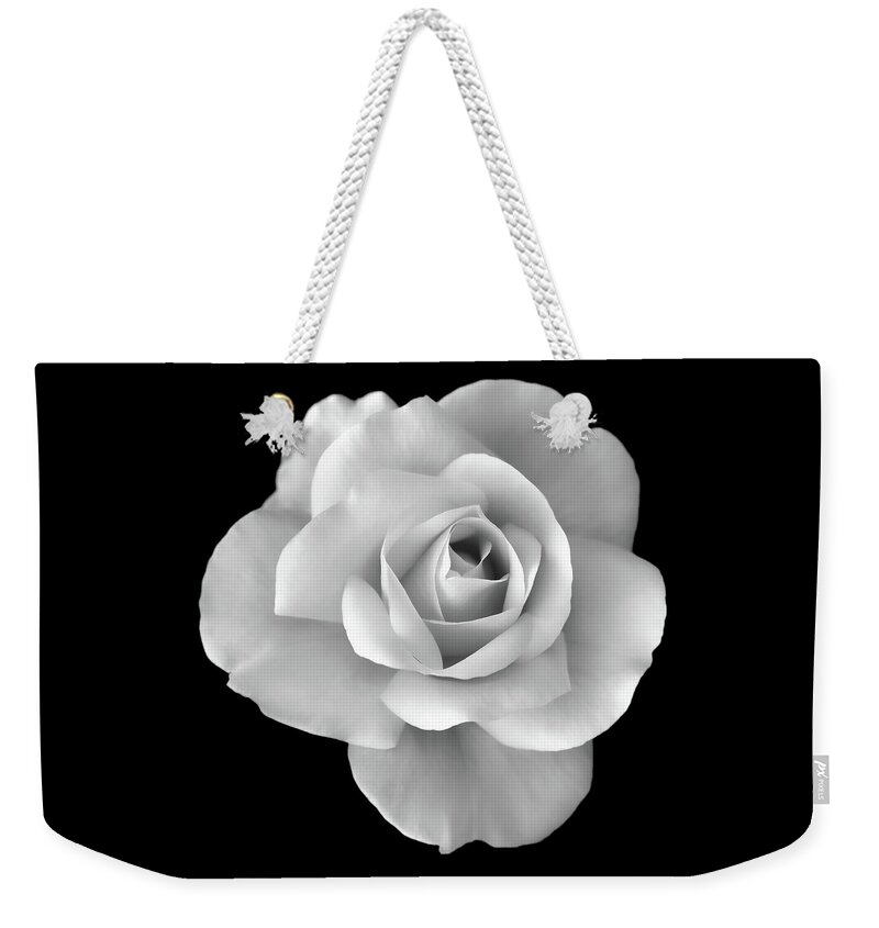 Rose Weekender Tote Bag featuring the photograph White Rose Flower in Black and White by Jennie Marie Schell