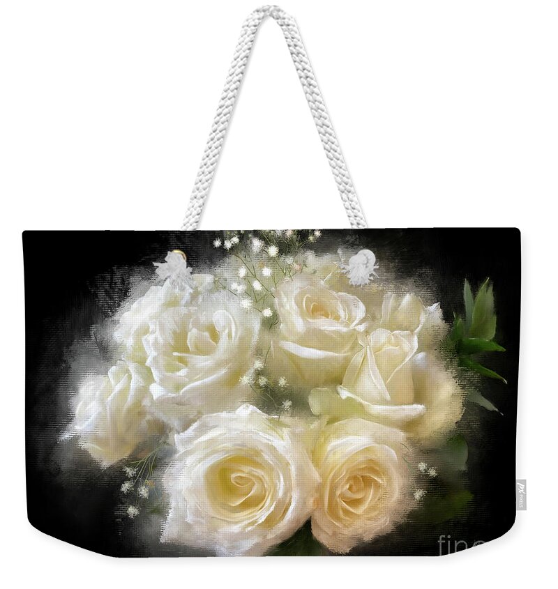Flowers Weekender Tote Bag featuring the digital art White Roses and Baby's Breath by Lois Bryan