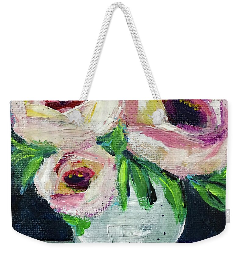 Roses Weekender Tote Bag featuring the painting White Roses in a White Vase by Roxy Rich
