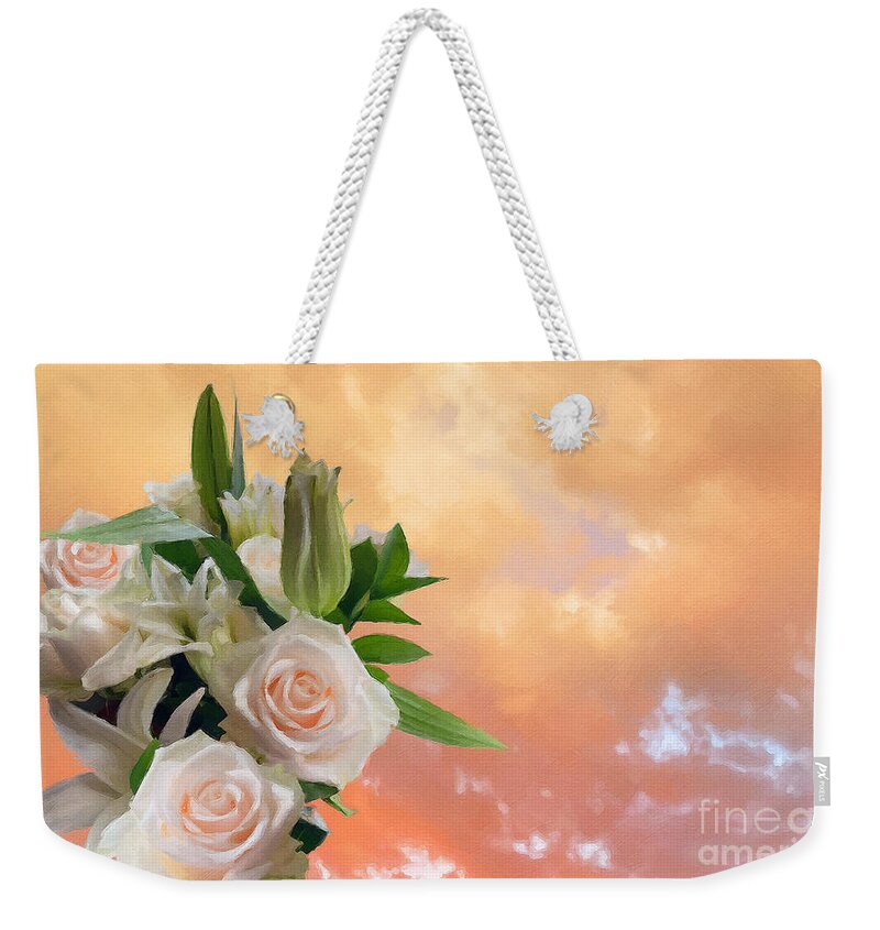Roses Weekender Tote Bag featuring the photograph White Roses Orange Sunset by Brian Watt