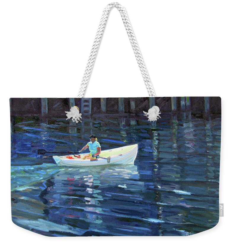 Row Boat Weekender Tote Bag featuring the painting White Row Boat, Gloucester by John McCormick