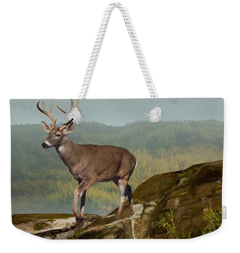Deer Weekender Tote Bag featuring the digital art White-tailed Buck at Dawn by M Spadecaller