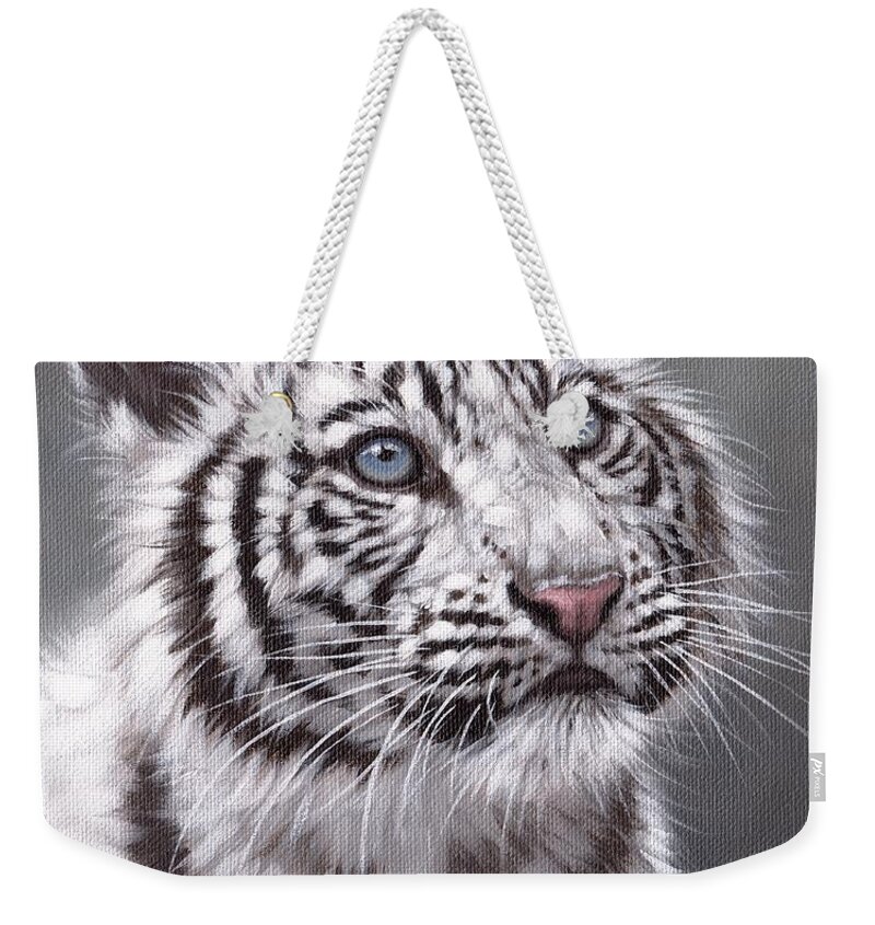 Tiger Weekender Tote Bag featuring the painting White Tiger Cub painting by Rachel Stribbling