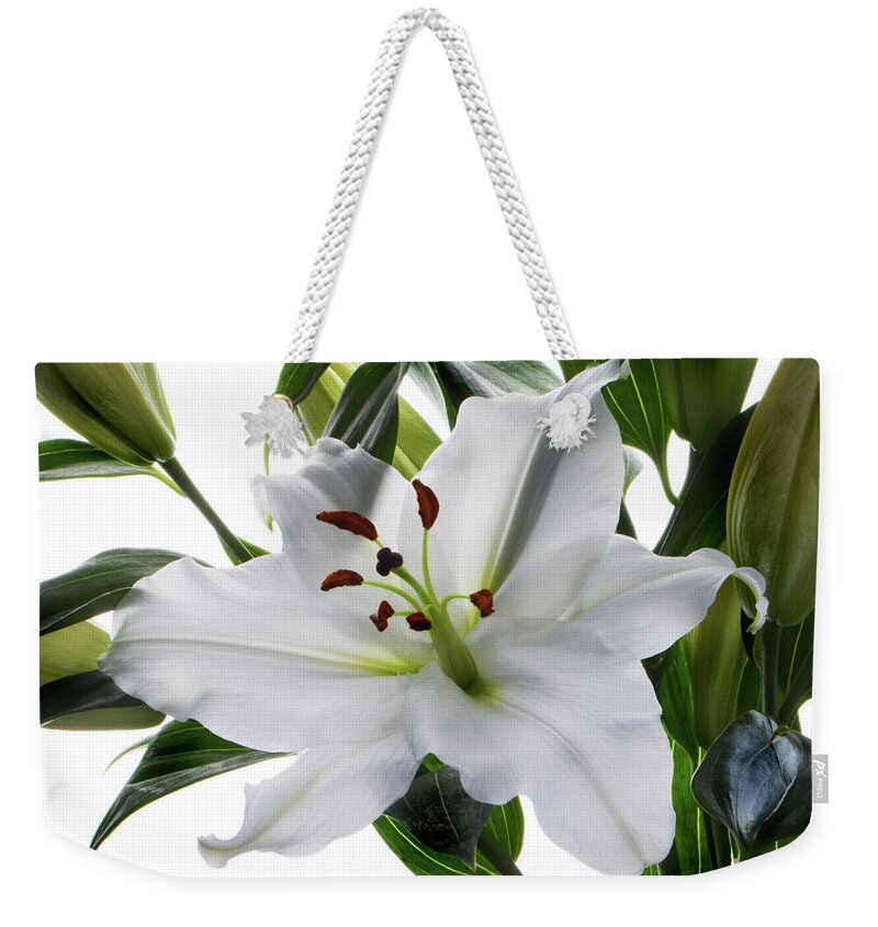 Tiger Lily Weekender Tote Bag featuring the photograph White Tiger Lily by Terence Davis
