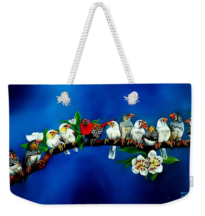 Birds Weekender Tote Bag featuring the painting Who's the new guy by Dana Newman