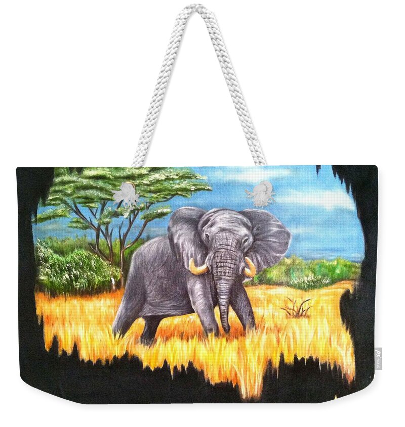 Elephant In It's Habitat Being Watched From A Distance Weekender Tote Bag featuring the painting Who's Watching Who? by Ruben Archuleta - Art Gallery