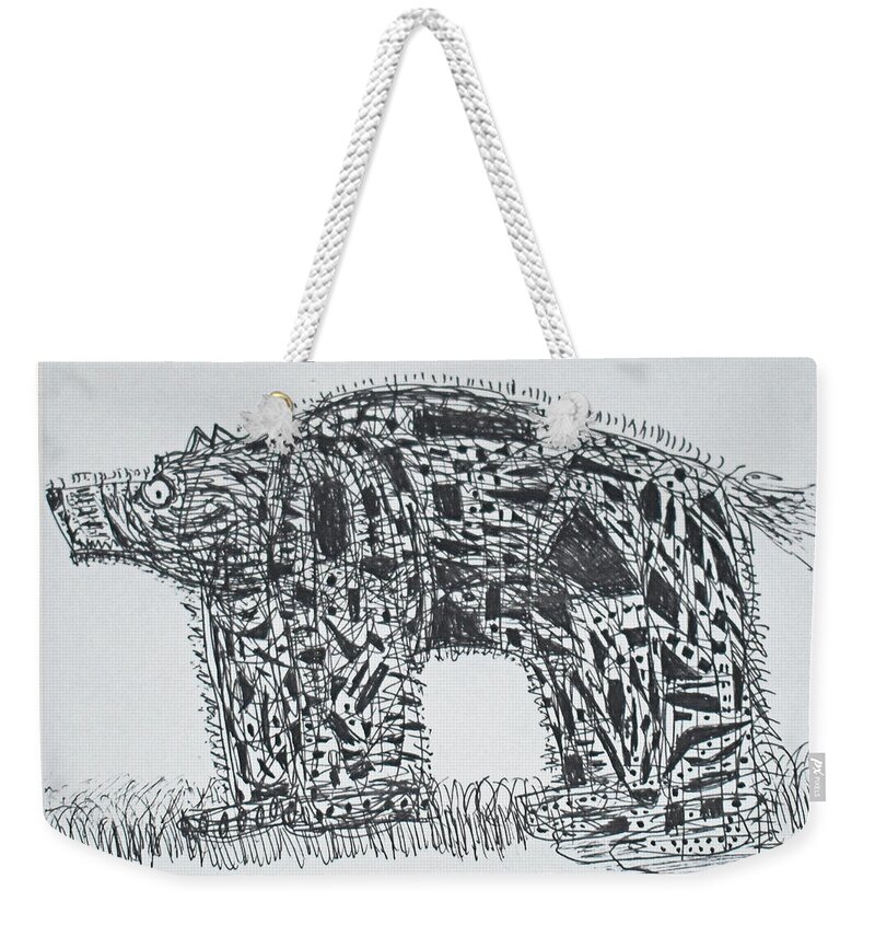  Weekender Tote Bag featuring the drawing Wide-Eyed Bear by Pam O'Mara