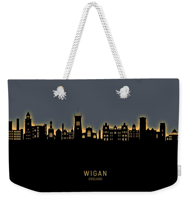 Wigan Weekender Tote Bag featuring the digital art Wigan England Skyline #80 by Michael Tompsett