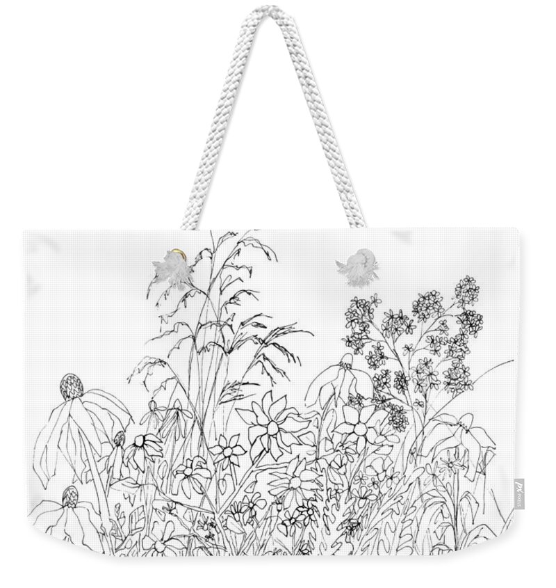 Wild Flowers Weekender Tote Bag featuring the drawing Wild Flowers - Ink Drawing by Patricia Awapara