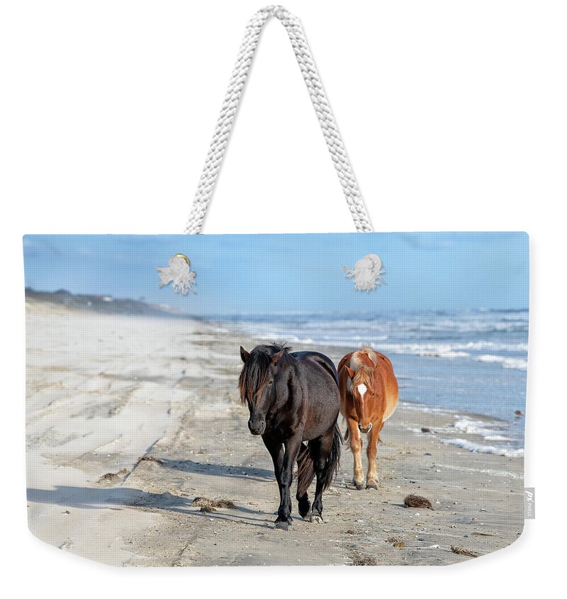 Wild Horse Weekender Tote Bag featuring the photograph Wild Horses on the Beach by Fon Denton