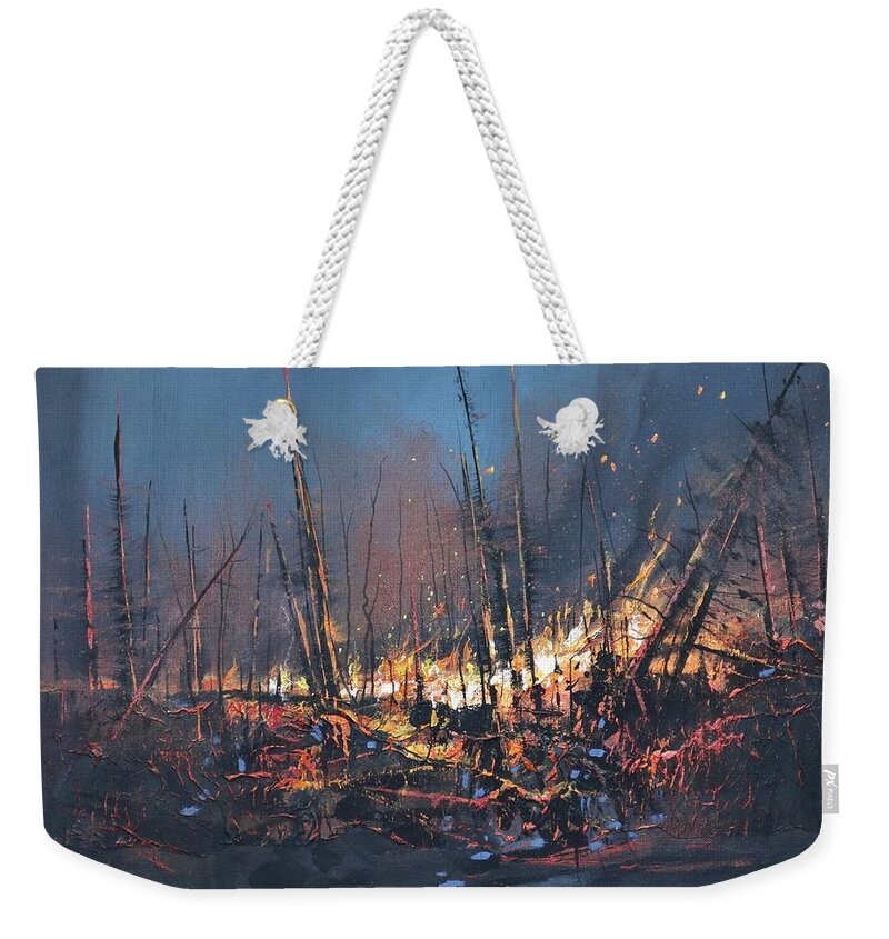 Fire Weekender Tote Bag featuring the painting Wildfire by Tom Shropshire