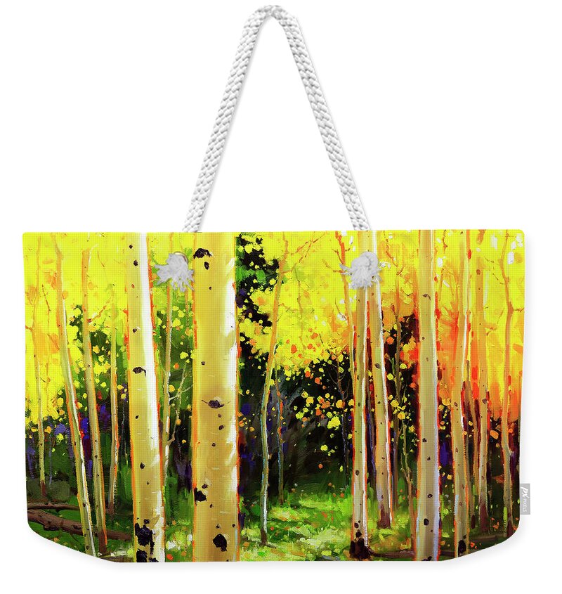 Wildflowers Blooming Below Aspen Trees Weekender Tote Bag featuring the painting Wildflowers Blooming in Aspen Grove by Gary Kim