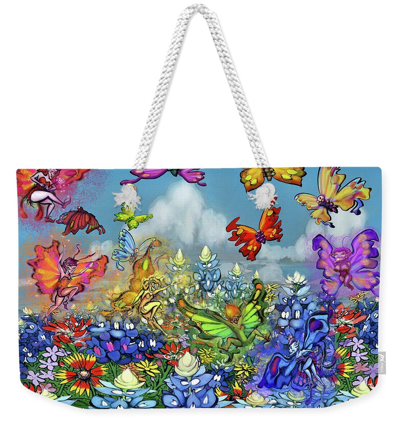 Wildflowers Weekender Tote Bag featuring the digital art Wildflowers Pixies Bluebonnets n Butterflies by Kevin Middleton