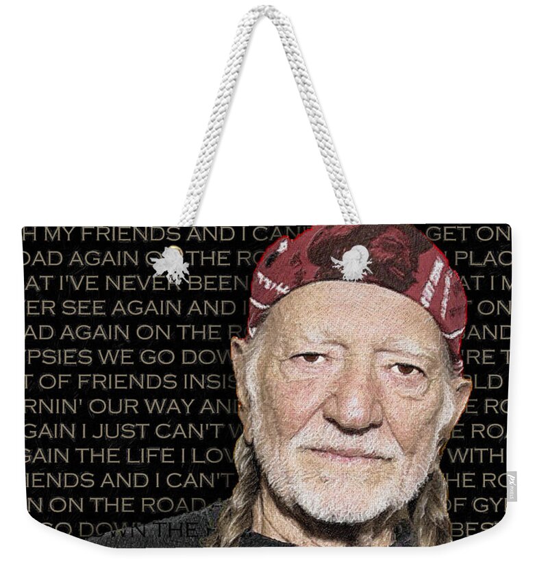 Willie Nelson Weekender Tote Bag featuring the painting Willie Nelson And On The Road Again Lyrics by Tony Rubino