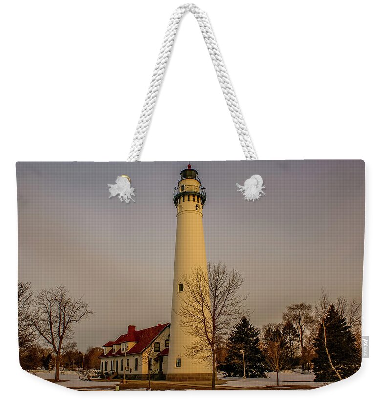 Racine Weekender Tote Bag featuring the photograph Wind Point Light from the Beach by Deb Beausoleil