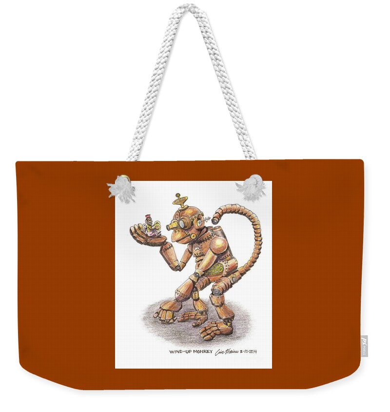 Steampunk Weekender Tote Bag featuring the drawing Wind Up Monkey by Eric Haines
