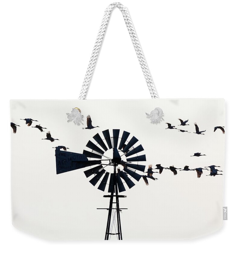 Sandhill Cranes Weekender Tote Bag featuring the photograph Windmills and Sandhill Cranes by Susan Rissi Tregoning