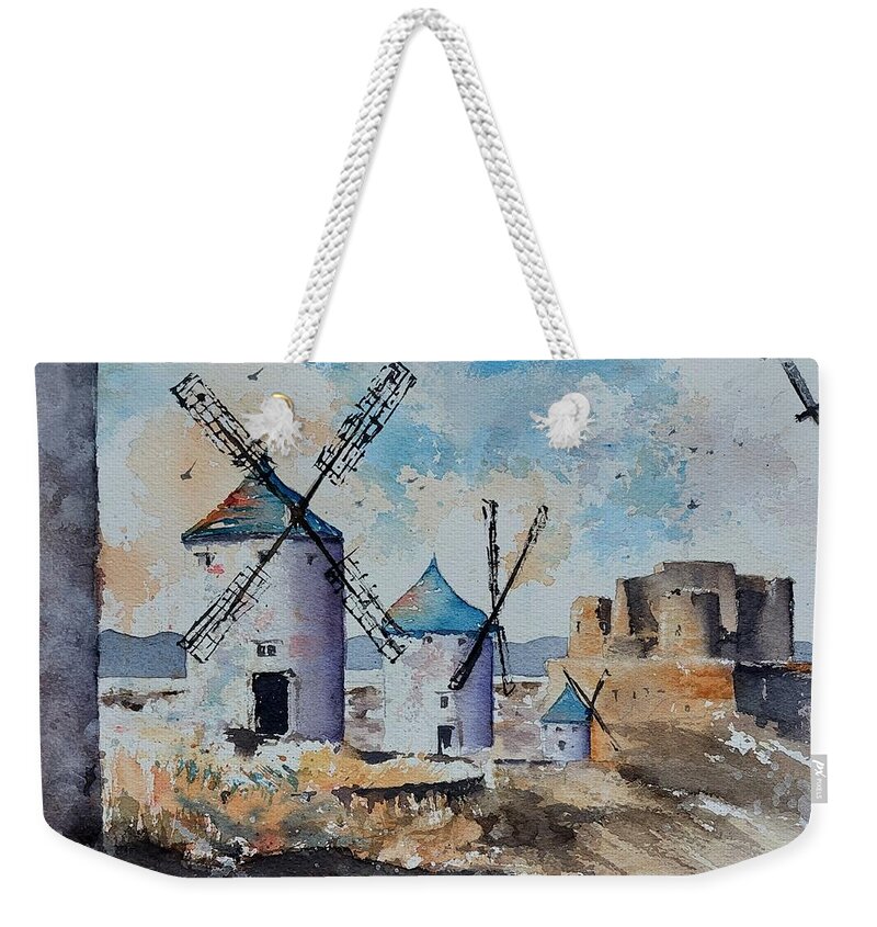 Molinos Weekender Tote Bag featuring the painting Windmills of Consuegra by Amanda Amend